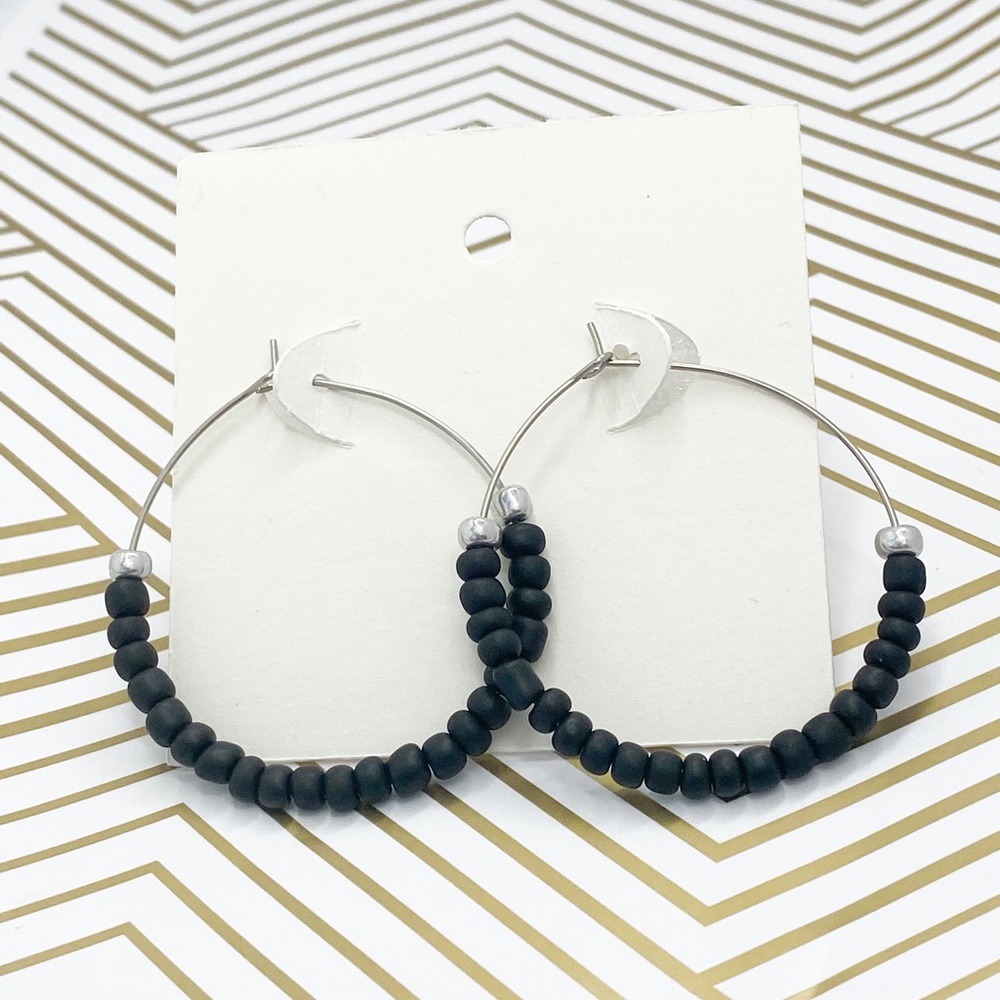 Silver earrings black beaded hoops